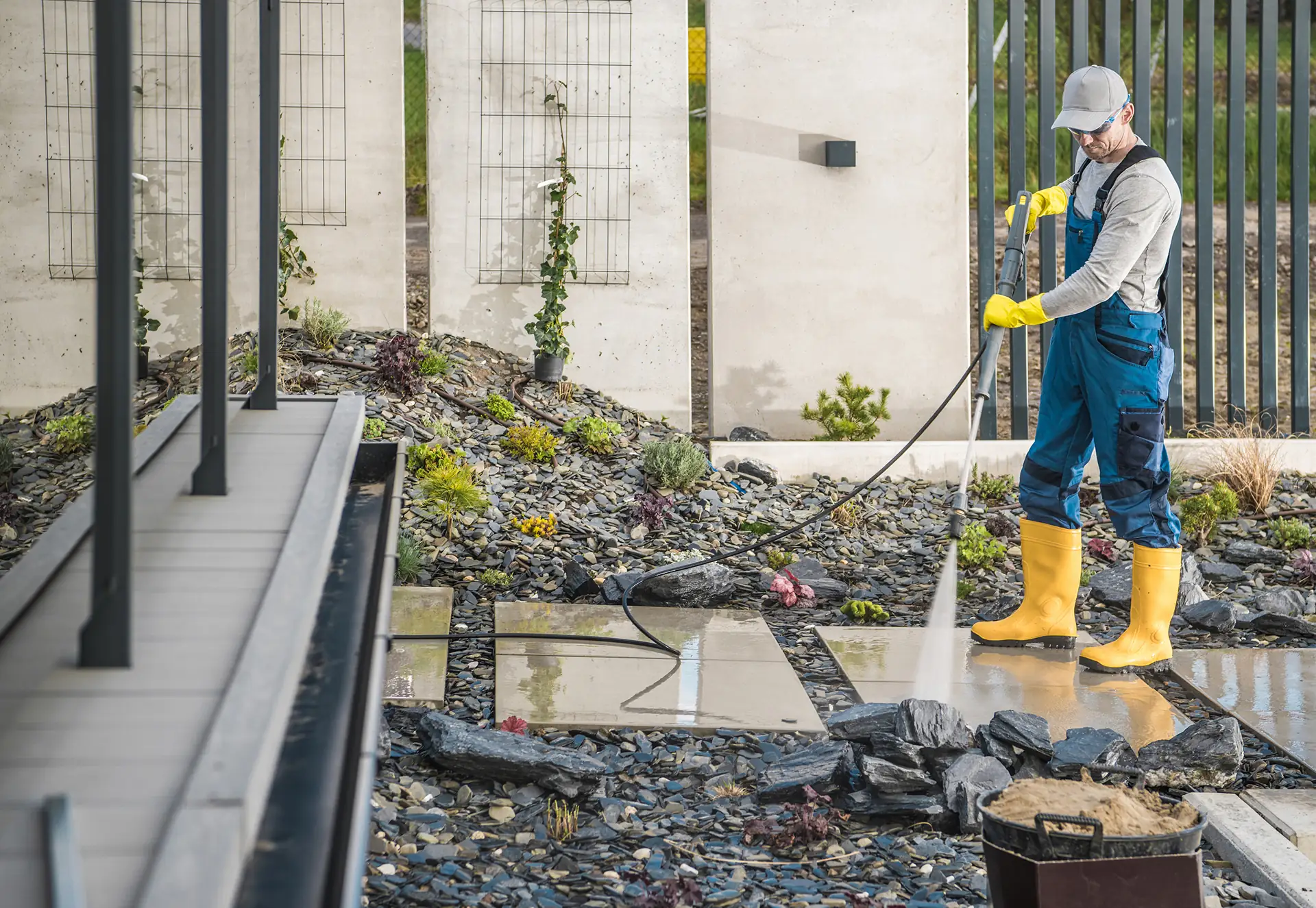 Maintenance worker pressure washing a paver walkway during paver repair and upkeep