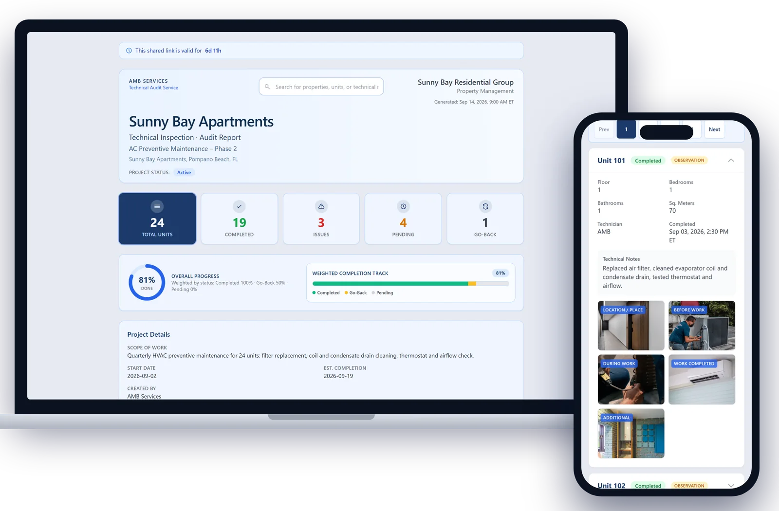 AMB App on a laptop showing live project progress by unit and on a phone showing before-and-after unit photos