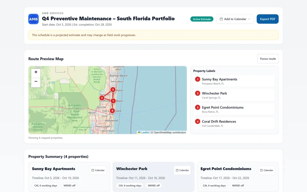 AMB App maintenance schedule with a route map across four properties and a step-by-step timeline