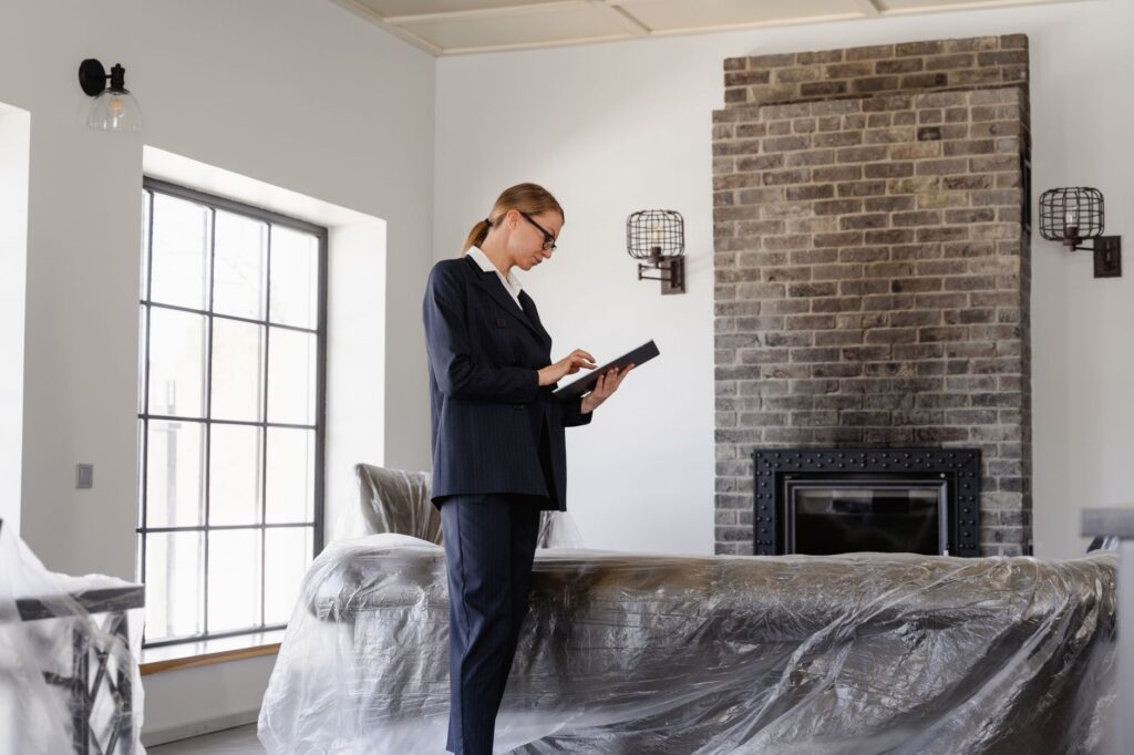 Property manager using property maintenance technology on a tablet to inspect a vacant apartment